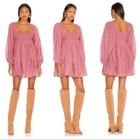 Free People Ari Crochet Puff Sleeve Mini Dress Dusty Rose XS NWT - Picture 5 of 6